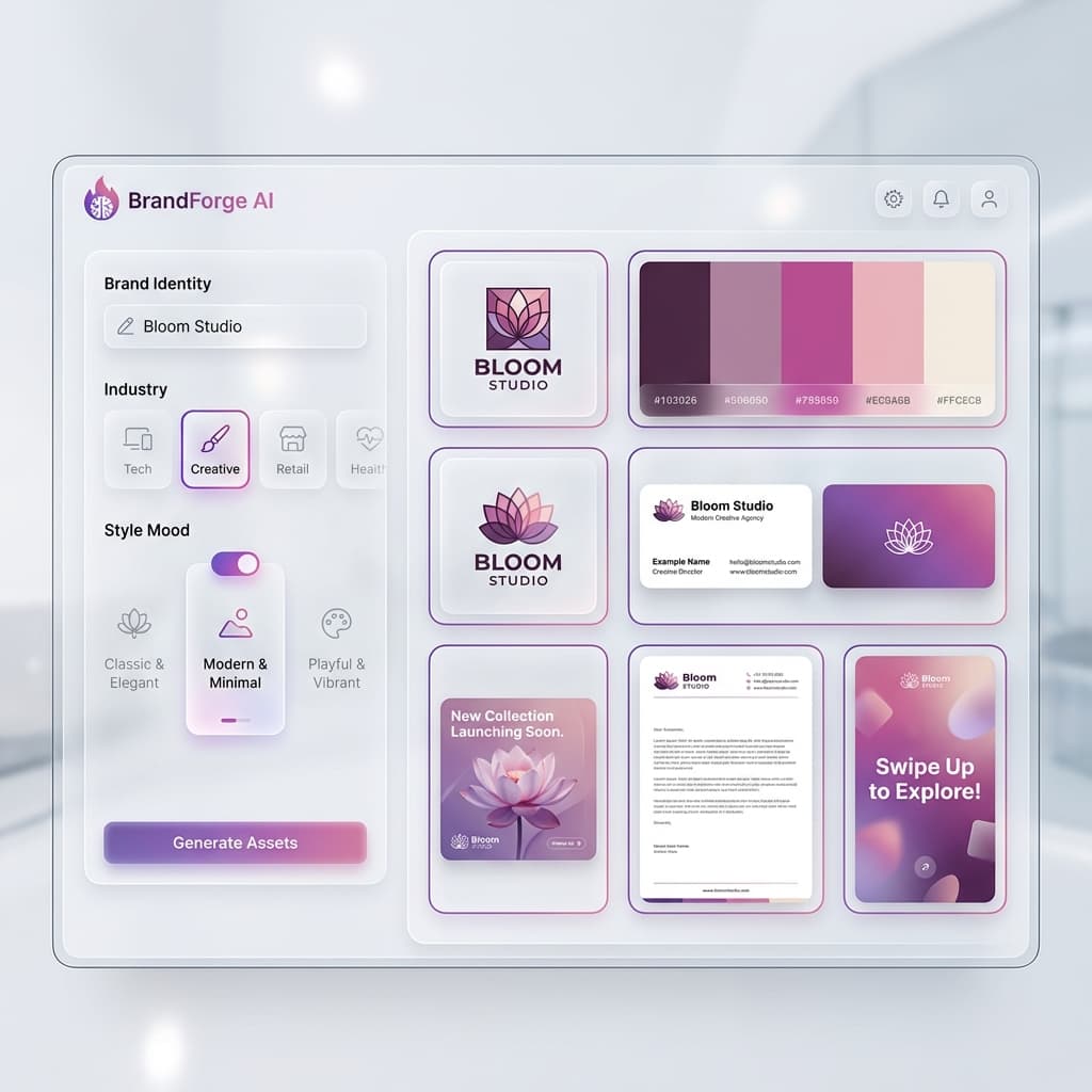 BrandForge AI generating a complete brand kit — logo, business cards, social media templates, and more